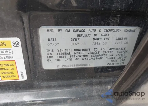 2008 Chevrolet Aveo Lt z USA, uszkodzony, nr VIN KL1TG56638B063246